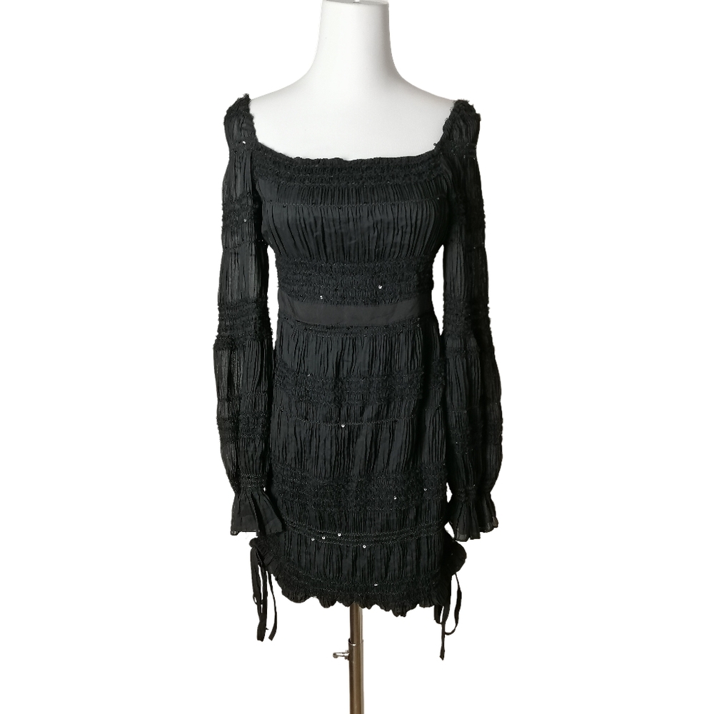 🐞 S, vintage black square neck / off-shoulder puff sleeve mini dress